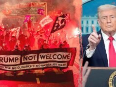 Bandiere americane date alle fiamme, la polizia antisommossa si scontra con i manifestanti prima dell’arrivo di Trump a Davos