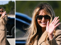 Melania Trump visita Fort Bragg con cappotto Dolce & Gabbana e stivali Saint Laurent