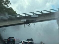 L’autostrada principale è stata chiusa dopo che un camion che trasportava un escavatore ha colpito il ponte sopraelevato