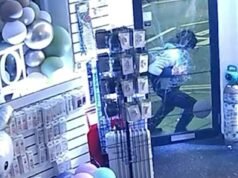 Momento in cui un ladro pasticcione rimane BLOCCATO nel buco della porta di vetro, lasciando sangue e impronte digitali imbrattate durante un’irruzione caotica nel negozio della città