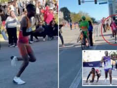 Il leader della maratona di Los Angeles ha preso la svolta sbagliata vicino al traguardo, prima di essere drammaticamente superato: video