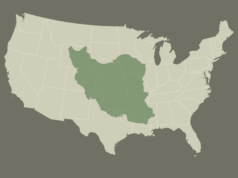 La mappa mostra quanto è grande l’Iran rispetto ai 50 stati degli Stati Uniti