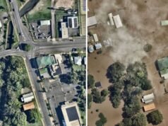 Immagini drammatiche mostrano scene scioccanti prima e dopo nella città allagata del Queensland