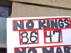 Il manifestante di No Kings dice che “86 47” significa “abbiamo finito il purè di patate”