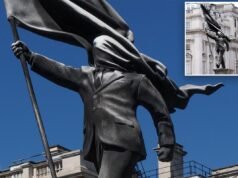 Banksy conferma che la nuova statua a Londra dell’uomo accecato da una bandiera è opera sua