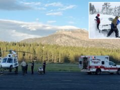 Padre e figlio di 18 mesi trasportati in aereo da una pista innevata della California mentre le autorità lanciano l’allarme per le previsioni