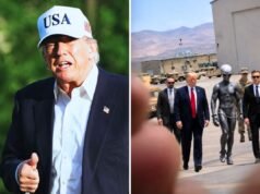 Donald Trump condivide la foto di un alieno ammanettato che gli cammina accanto