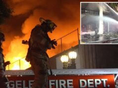 Un enorme inferno scoppia nel centro di Los Angeles mentre 100 vigili del fuoco accorrono sul posto
