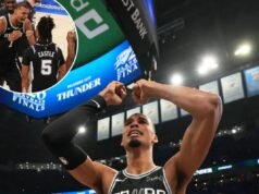Victor Wembanyama lascia fluire le emozioni durante la celebrazione degli Spurs dopo aver raggiunto la sua prima finale NBA