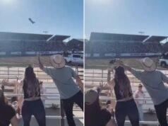 Papà californiano accusato di aver “rubato” la maglietta di una donna al rodeo divide Internet: “Se dormi, perdi”