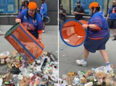Spazzatura totale: un video selvaggio mostra una donna che ruba il bidone della spazzatura dei Knicks e scarica i rifiuti per tutta la strada