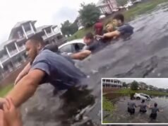 I primi soccorritori della Virginia formano una catena umana per salvare l’autista dall’auto che affonda e si è schiantata in uno stagno