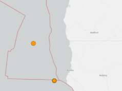 La mappa mostra 2 terremoti di magnitudo superiore a 5.0 che hanno colpito la costa della California